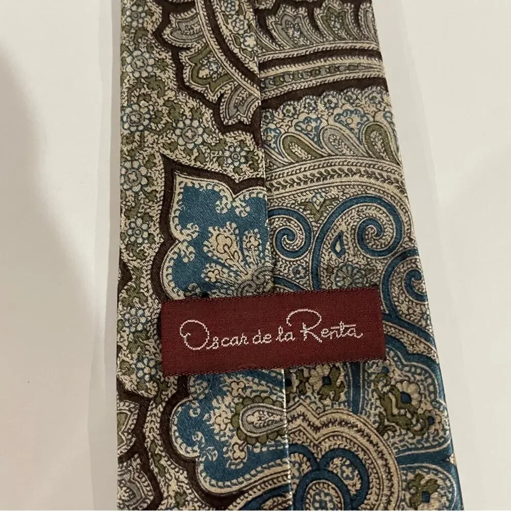 Oscar‎ de la Rent Silk Brown, Cream & Blue Paisley Print Tie